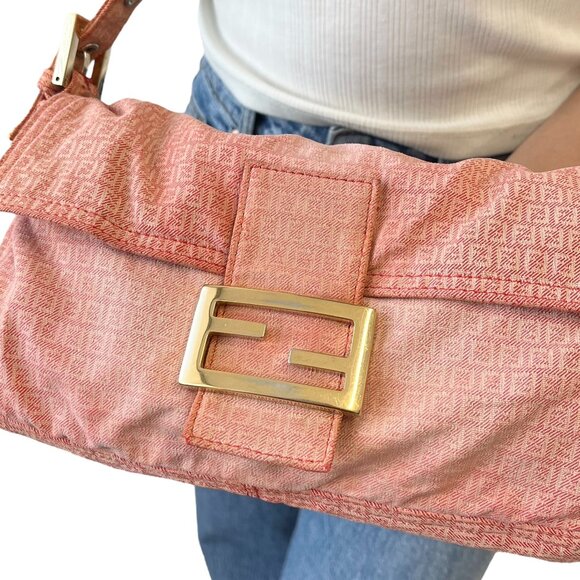 FENDI Vintage Zucchino Monogram Mamma Baguette Shoulder Bag Orange Pink [106017] - Picture 3 of 14